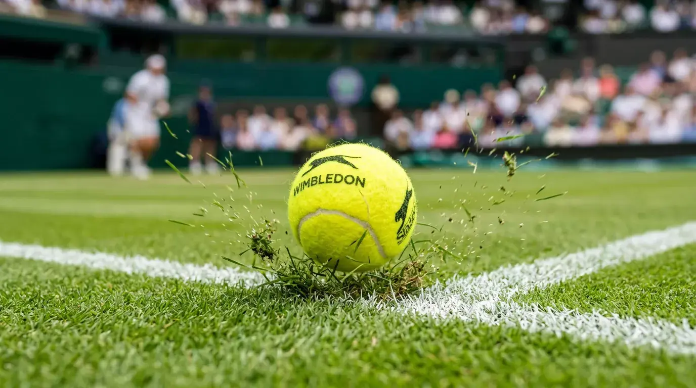 Balle de tennis jaune rebondissant bas sur un gazon ras de Wimbledon, gerbe de brins d'herbe