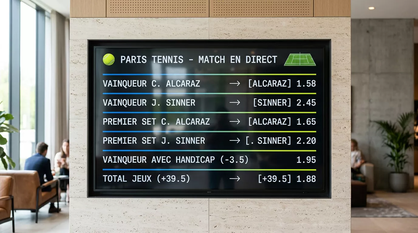 Tableau d'affichage de paris tennis listant marchés vainqueur, sets, jeux et aces avec cotes en cellules